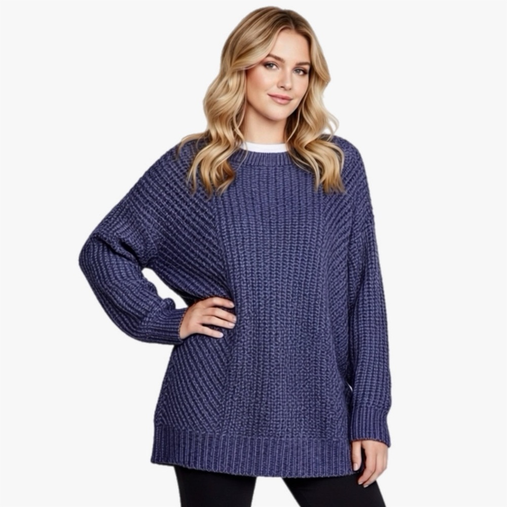 Lou & Grey Oversized Ribbed Knit Crew Sweater Navy Blue Women’s Size Small